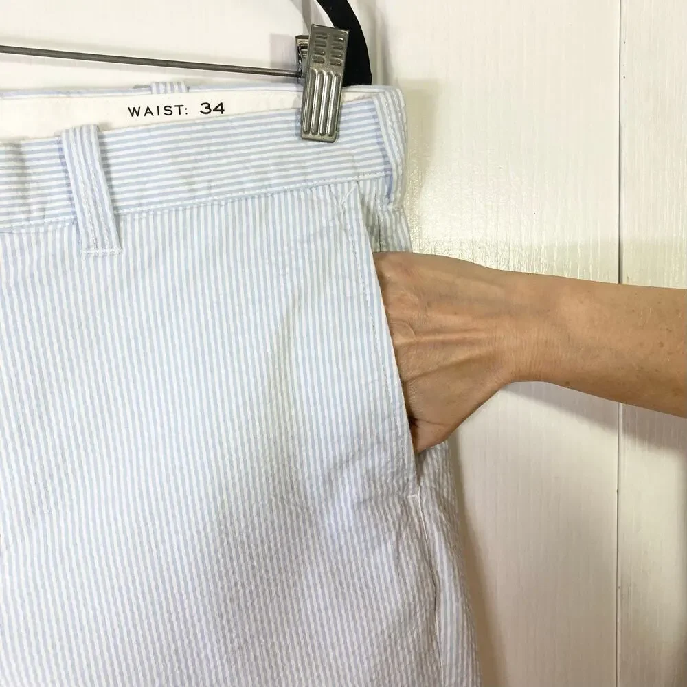 NWOT J CREW Shorts Men 34 9” Inseam Stripe Blue White Seersucker 4 Pocket Cotton